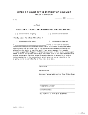 Thumbnail of District of Columbia Form Case Initiation (Con) - Acceptance, Consent, And Non-resident Power Of Attorney