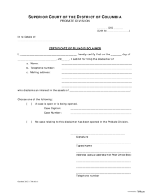 Thumbnail of District of Columbia Form Case Initiation (Dis) - Certificate Of Filing Disclaimer