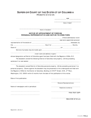 Thumbnail of District of Columbia Form Case Initiation (Fep) - Notice Of Appointment Of Foreign Personal Representative And Notice To Creditors