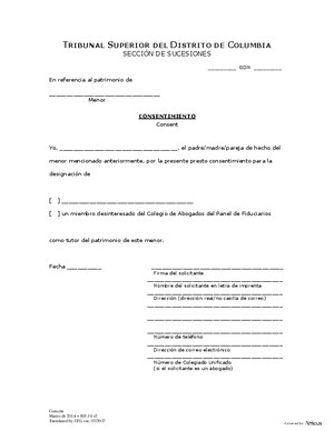 Thumbnail of District of Columbia Form Case Initiation (Gdn) - Consent (From Parents/domestic Partners If Alive And Not Petitioners) (Es)