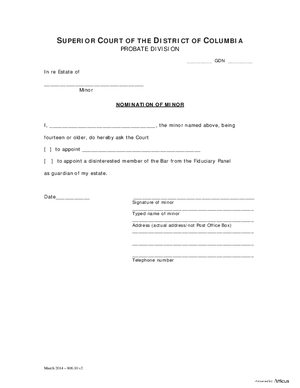 Thumbnail of District of Columbia Form Case Initiation (Gdn) - Nomination Of Minor If Age 14 Or Older