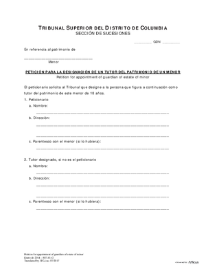 Thumbnail of District of Columbia Form Case Initiation (Gdn) - Petition For Appointment Of Guardian Of Estate Of A Minor And Order (Es)