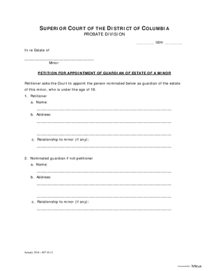 Thumbnail of District of Columbia Form Case Initiation (Gdn) - Petition For Appointment Of Guardian Of Estate Of A Minor And Order