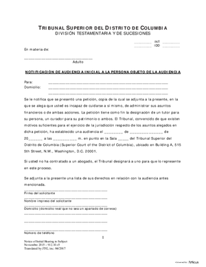 Thumbnail of District of Columbia Form Case Initiation (Int) - Notice Of Initial Hearing To Subject (Es)
