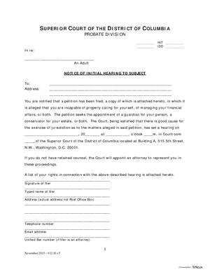 Thumbnail of District of Columbia Form Case Initiation (Int) - Notice Of Initial Hearing To Subject