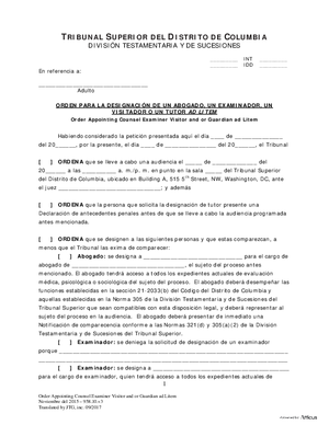 Thumbnail of District of Columbia Form Case Initiation (Int) - Order Appointing Counsel, Examiner, Visitor, And/or Guardian Ad Litem (Es)