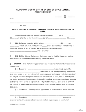 Thumbnail of District of Columbia Form Case Initiation (Int) - Order Appointing Counsel, Examiner, Visitor, And/or Guardian Ad Litem