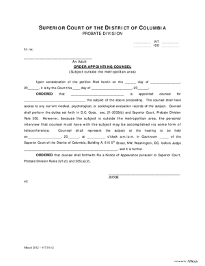 Thumbnail of District of Columbia Form Case Initiation (Int) - Order Appointing Counsel (Subject Outside The Metropolitan Area)