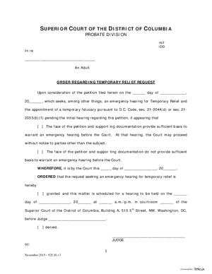 Thumbnail of District of Columbia Form Case Initiation (Int) - Order Regarding Temporary Relief Request