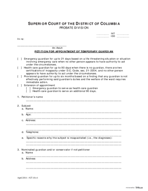 Thumbnail of District of Columbia Form Case Initiation (Int) - Petition For Appointment Of Temporary Guardian And Order Appointing Temporary Guardian