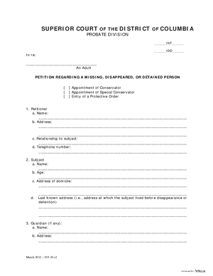 Thumbnail of District of Columbia Form Case Initiation (Int) - Petition Regarding A Disappeared, Missing, Or Detained Person, Order Setting A Hearing And Directing Publication Of Notice Of Hearing On Petition