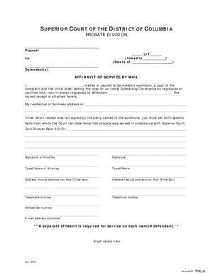 Thumbnail of District of Columbia Form Case Initiation (Lit) - Affidavit Of Service By Mail