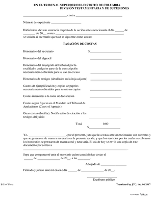 Thumbnail of District of Columbia Form Case Initiation (Lit) - Bill Of Costs (Es)