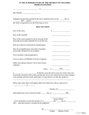 Thumbnail of District of Columbia Form Case Initiation (Lit) - Bill Of Costs