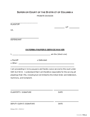 Thumbnail of District of Columbia Form Case Initiation (Lit) - In Forma Pauperis Service Waiver Form