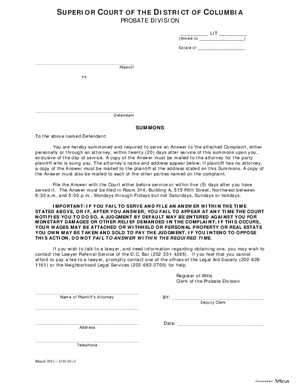 Thumbnail of District of Columbia Form Case Initiation (Lit) - Summons