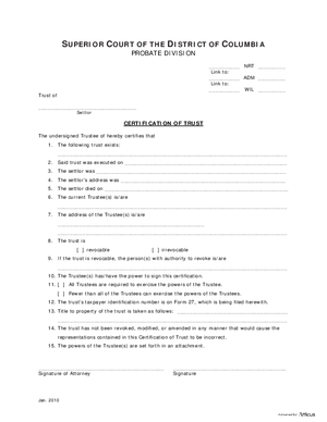 Thumbnail of District of Columbia Form Case Initiation (Nrt) - Certification Of Trust