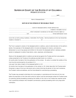 Thumbnail of District of Columbia Form Case Initiation (Nrt) - Notice Of Existence Of Revocable Trust