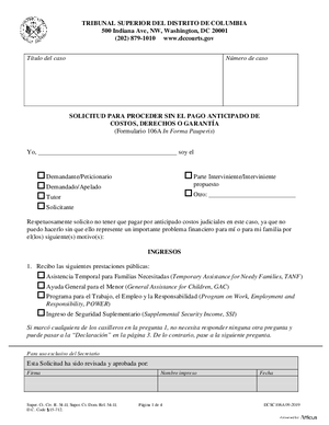 Thumbnail of District of Columbia Form Case Initiation (Seb) - Application To Proceed Without Prepayment Of Costs, Or Security (In Forma Pauperis) (Es)