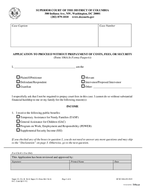Thumbnail of District of Columbia Form Case Initiation (Seb) - Application To Proceed Without Prepayment Of Costs, Or Security (In Forma Pauperis)