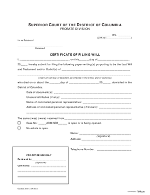 Thumbnail of District of Columbia Form Case Initiation (Seb) - Certificate Of Filing Will