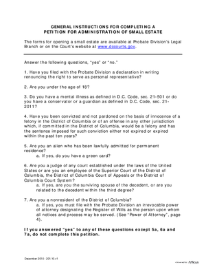 Thumbnail of District of Columbia Form Case Initiation (Seb) - Instructions For Completing A Petition For Administration Of Small Estate