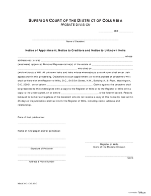 Thumbnail of District of Columbia Form Case Initiation (Seb) - Notice Of Appointment, Notice To Creditors And Notice To Unknown Heirs