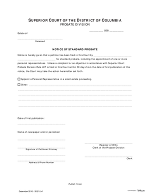 Thumbnail of District of Columbia Form Case Initiation (Seb) - Notice Of Standard Probate