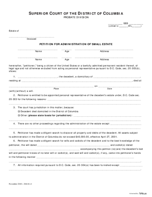 Thumbnail of District of Columbia Form Case Initiation (Seb) - Petition For Administration Of Small Estate
