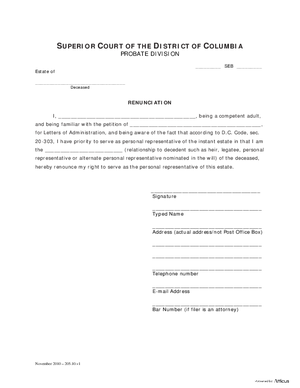 Thumbnail of District of Columbia Form Case Initiation (Seb) - Renunciation And Nomination Of Personal Representative