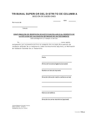 Thumbnail of District of Columbia Form Case Initiation - Standard Probate (Adm) - Acknowledgement Of Receipt Of Service Of Notice Regarding Petition For Standard Probate (Es)