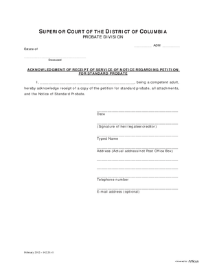 Thumbnail of District of Columbia Form Case Initiation - Standard Probate (Adm) - Acknowledgement Of Receipt Of Service Of Notice Regarding Petition For Standard Probate