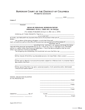 Thumbnail of District of Columbia Form Case Initiation - Standard Probate (Adm) - Bond Or Waivers Of Bond Or Some Combination