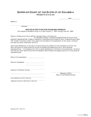 Thumbnail of District of Columbia Form Case Initiation - Standard Probate (Adm) - Notice Of Petition For Standard Probate
