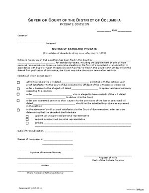 Thumbnail of District of Columbia Form Case Initiation - Standard Probate (Adm) - Notice Of Standard Probate