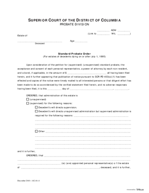 Thumbnail of District of Columbia Form Case Initiation - Standard Probate (Adm) - Standard Probate Order