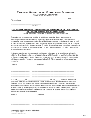 Thumbnail of District of Columbia Form Case Initiation - Standard Probate (Adm) - Verified Statement Regarding Service Of Petition For Standard Probate (Es)