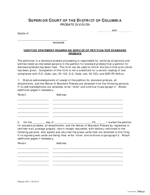 Thumbnail of District of Columbia Form Case Initiation - Standard Probate (Adm) - Verified Statement Regarding Service Of Petition For Standard Probate