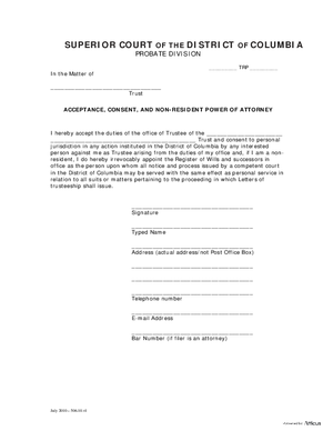 Thumbnail of District of Columbia Form Case Initiation (Trp) - Acceptance, Consent, And Non-resident Power Of Attorney