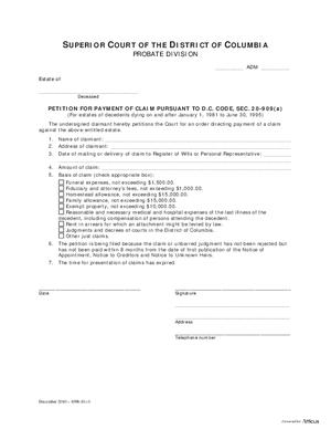 Thumbnail of District of Columbia Form Claims (Adm) - Petition For Payment Of Claim Pursuant To D.c. Code, Sec 20-909(a) And Order