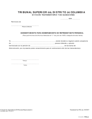 Thumbnail of District of Columbia Form Consent To Appointment Of Personal Representative (Es)