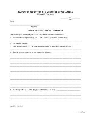 Thumbnail of District of Columbia Form Fees (Int) - Objection (Exception) To Fee Petition And Order