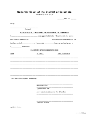 Thumbnail of District of Columbia Form Fees (Int) - Petition For Compensation Of Visitor Or Examiner, Consent To Compensation And Fees, And Order