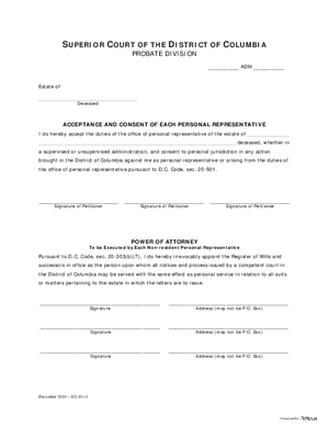 Thumbnail of District of Columbia Form General Forms (Adm) - Acceptance And Consent Of Each Personal Representative