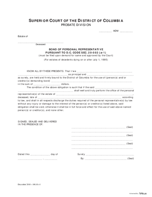 Thumbnail of District of Columbia Form General Forms (Adm) - Bond Of Personal Representative Pursuant To D.c. Code, Sec. 20-502(a-1)