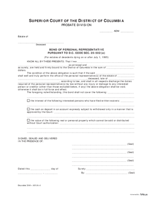 Thumbnail of District of Columbia Form General Forms (Adm) - Bond Of Personal Representative Pursuant To D.c. Code, Sec. 20-502(a)