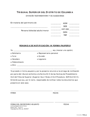 Thumbnail of District of Columbia Form General Forms (Adm) - In Forma Pauperis Service Waiver (Es)