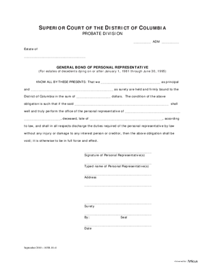 Thumbnail of District of Columbia Form General Forms (Adm) - General Bond Of Personal Representative