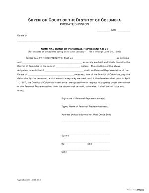 Thumbnail of District of Columbia Form General Forms (Adm) - Nominal Bond Of Personal Representative