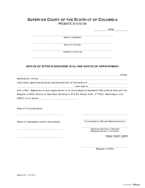 Thumbnail of District of Columbia Form General Forms (Adm) - Notice Of After Discovered Will And Notice Of Appointment